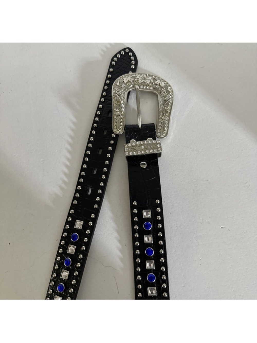 NOCONA RHINESTONE BELT BLUE BLACK SILVER MEDIUM - Picture 10 of 12